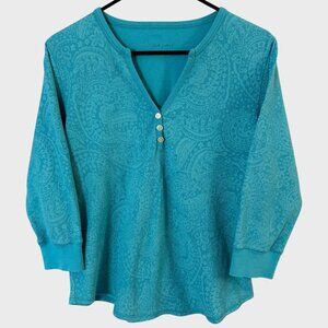 Fresh Produce 3/4 Sleeve Paisley Print V-Neck Henley Shirt Women's Large Blue